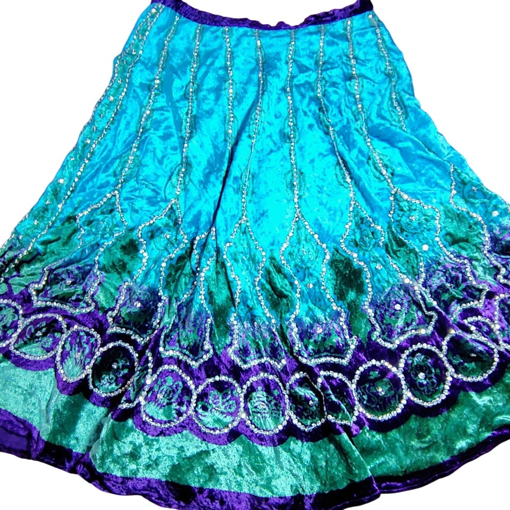 Fusion Women Teal Green Purple Velvet Boho Maxi Skirt M L Beaded Flair fairy